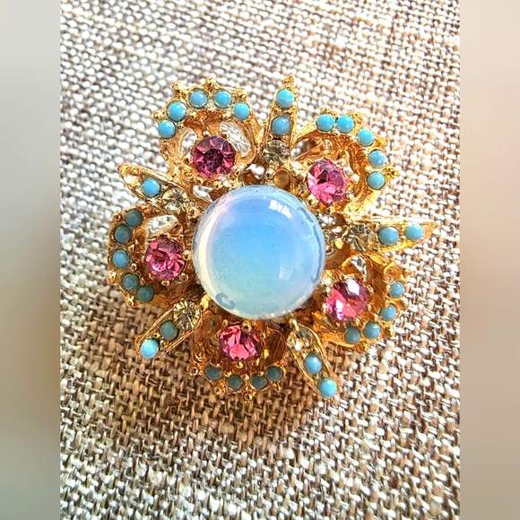 Jewelry - Vintage Pink Swarovski Brooch, blue lucite beads, Moonlucite Cabachon Center